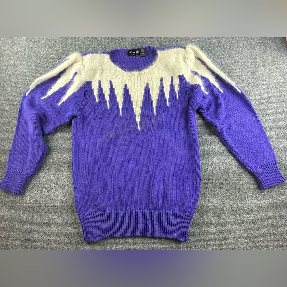 Angenie Purple Vintage Sweater Fuzzy White Angora Shoulder Pads Size Large
